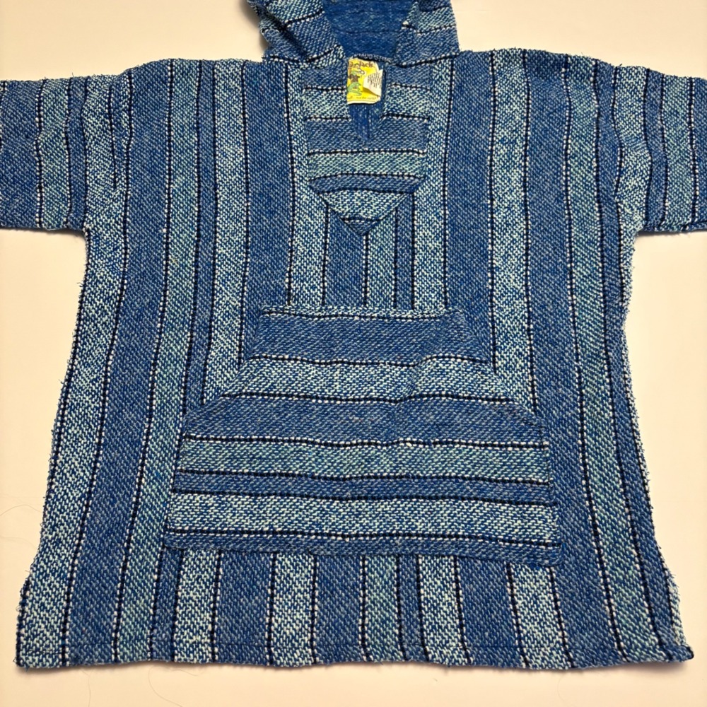 Iguana Jack Baja Hoodie Mens Large Blue Striped Woven Pullover Mexican Poncho